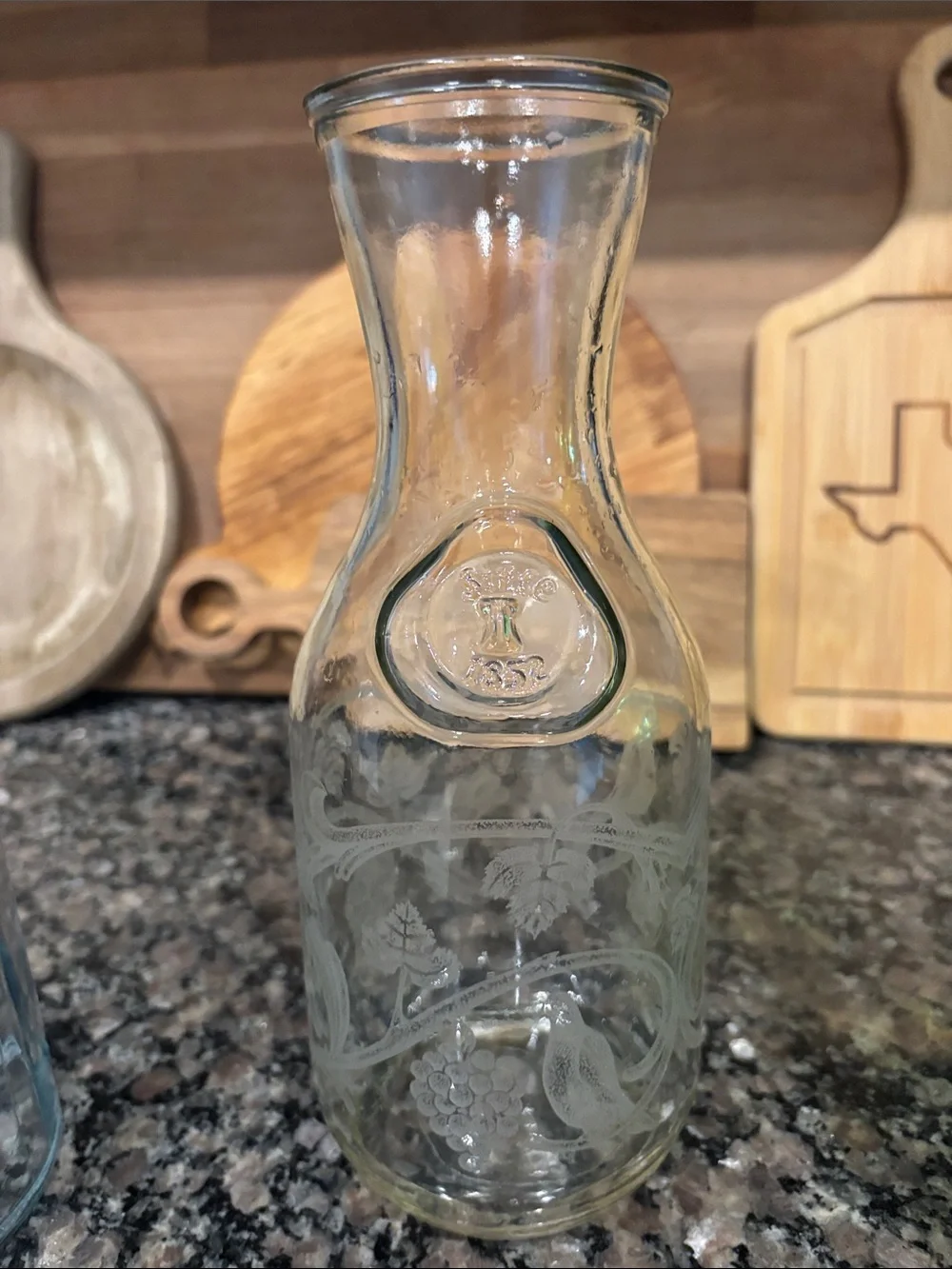 vintage Paul Masson Vineyards carafe etched by artist Norman Kosarin.